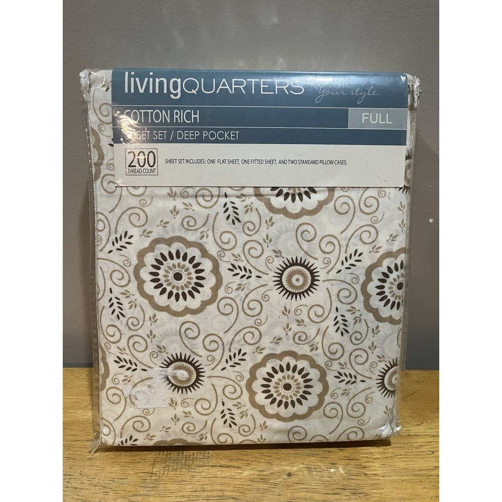 Living Quarters Full Brown Floral Medallion Sheet Set Deep Pocket 200 TC Bon Ton